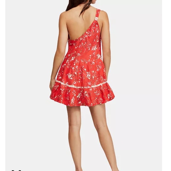 Free People all mine orange linen one shoulder floral ruffle dress size L - Picture 4 of 4